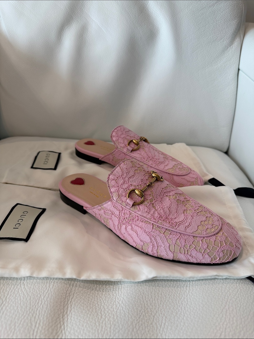 Gucci Pink Lace Horsebit Mules with Gold Hardware